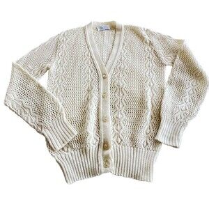 Vintage 80s Granny Women’s Cream Patterned Cable Open Knit Cardigan Acrylic